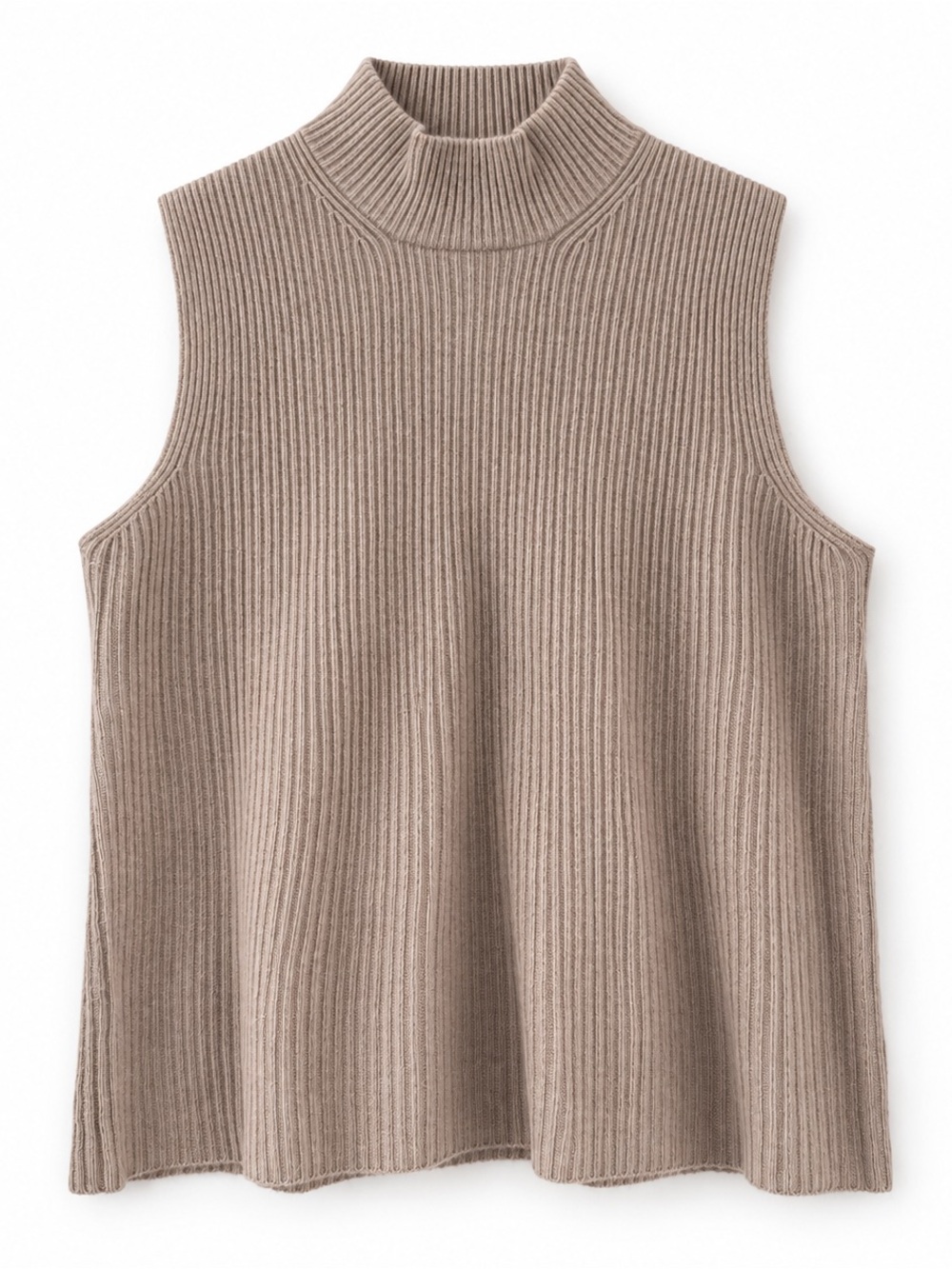 Neiman Marcus Sleeveless Ribbed Turtleneck Cashmere Sweater - Taupe